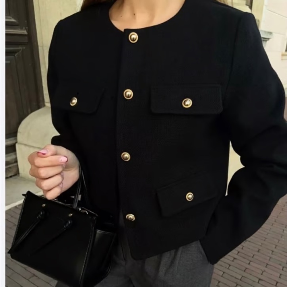 NWOT Zara Elegant Black Blazer with Gold Accents